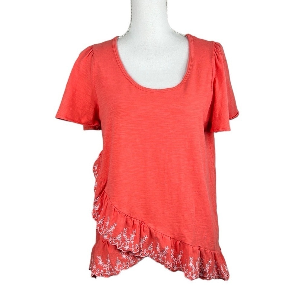 Matilda Jane Women's Coral Eyelet Boho Embroidered Ruffle Short Sleeve Top Sz M